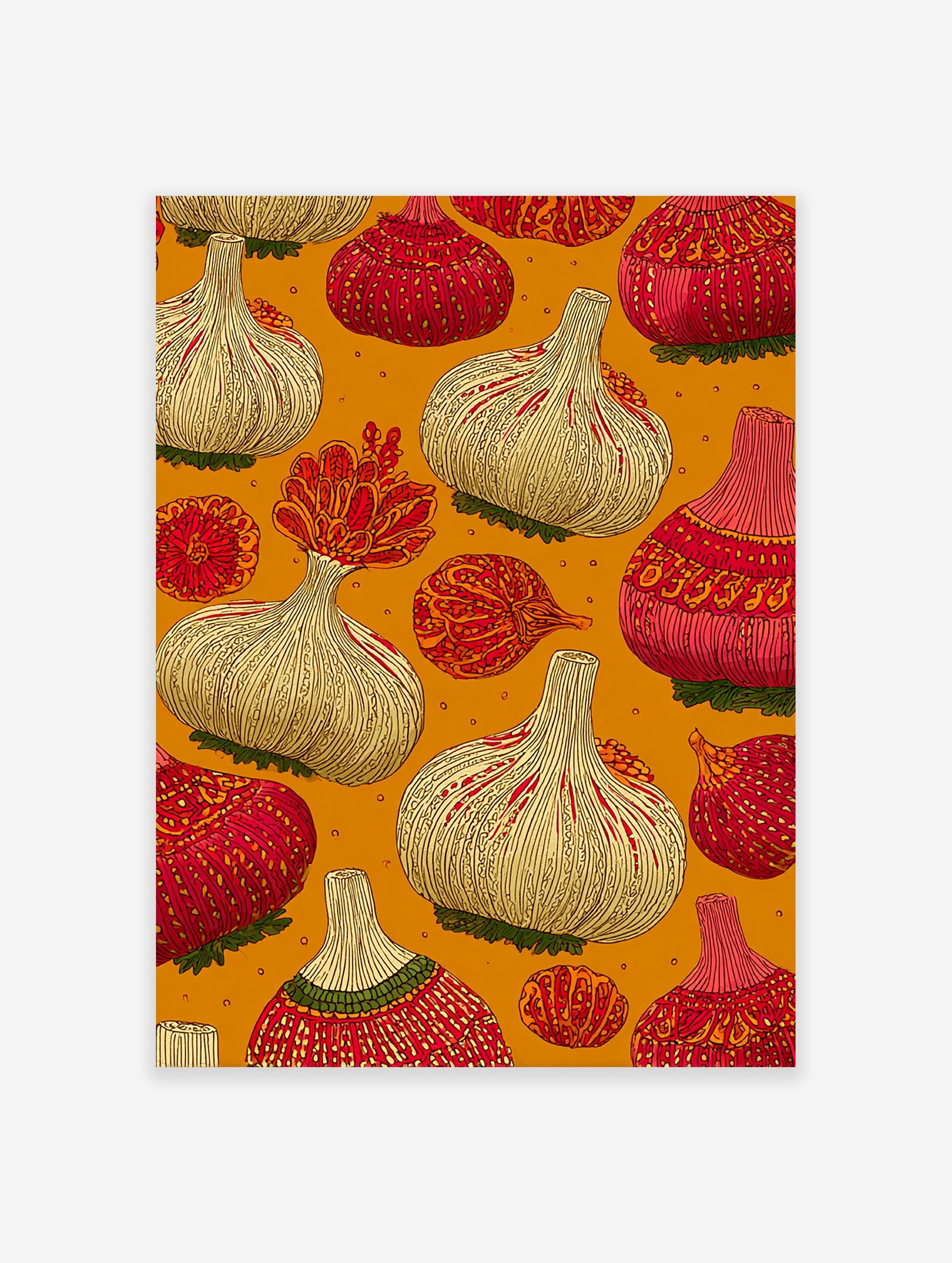 Illustrative garlic wall art print with red and white garlic bulbs and folk patterns on a warm orange background.
