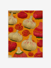 Illustrative garlic wall art print with red and white garlic bulbs and folk patterns on a warm orange background.
