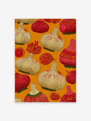 Illustrative garlic wall art print with red and white garlic bulbs and folk patterns on a warm orange background.