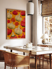 Illustrative garlic wall art print with red and white garlic bulbs and folk patterns on a warm orange background. - Image 2