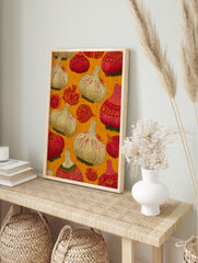 Illustrative garlic wall art print with red and white garlic bulbs and folk patterns on a warm orange background. - Image 3