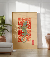 Blue and yellow patterned gecko art print on a vibrant red background with abstract shapes, set on a natural beige paper. - Image 3
