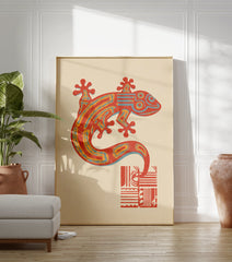 Cultural patterned gecko lizard illustration art print in red, orange, and blue on a cream background. - Image 3