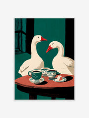 Illustrative wall art of two white geese with red beaks at a table with coffee cups and cake