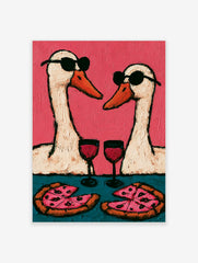 Playful wall art print of two geese wearing sunglasses, drinking wine, and eating pizza against a pink background