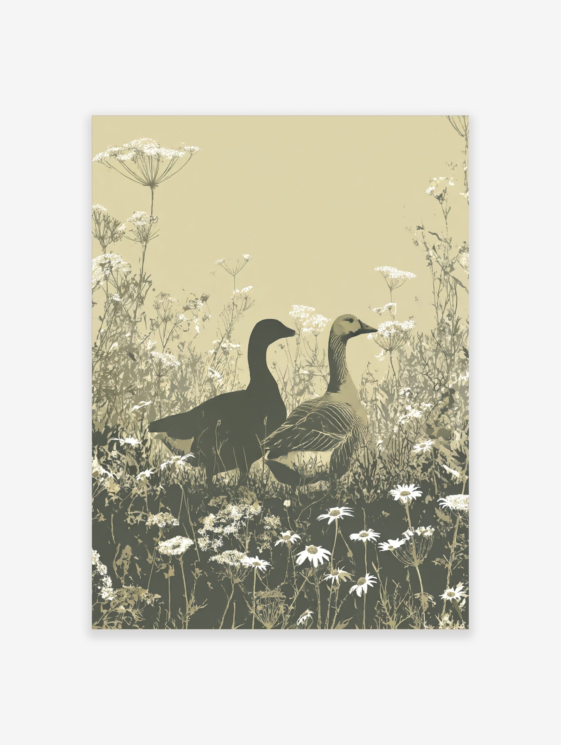 Illustrative print of two geese in a field of white cow parsley and daisies, earth tones