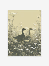 Illustrative print of two geese in a field of white cow parsley and daisies, earth tones