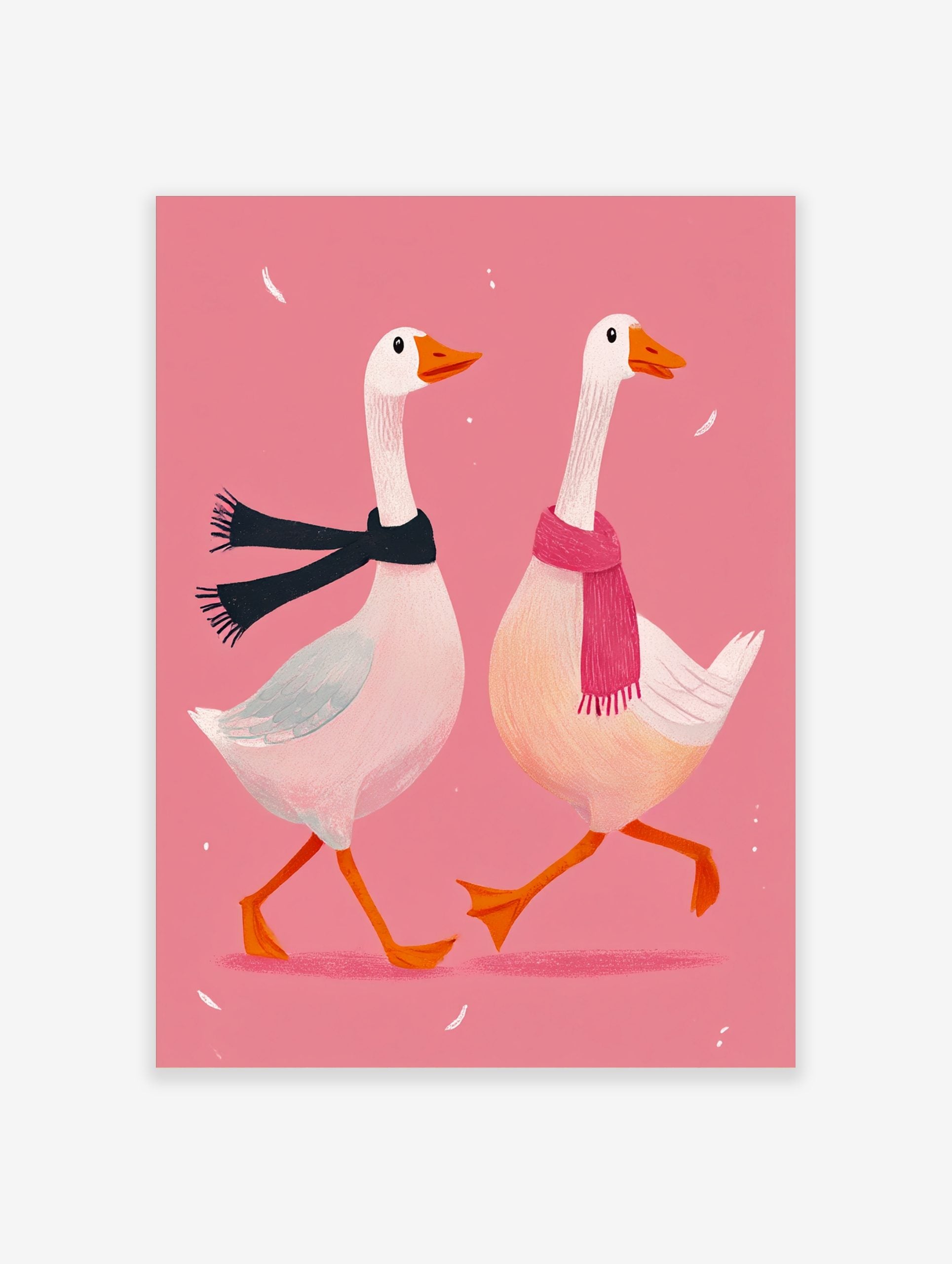 Two white geese in black and pink scarves walking on a pink background with white feathers