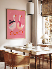 Two white geese in black and pink scarves walking on a pink background with white feathers, in a styled room mockup