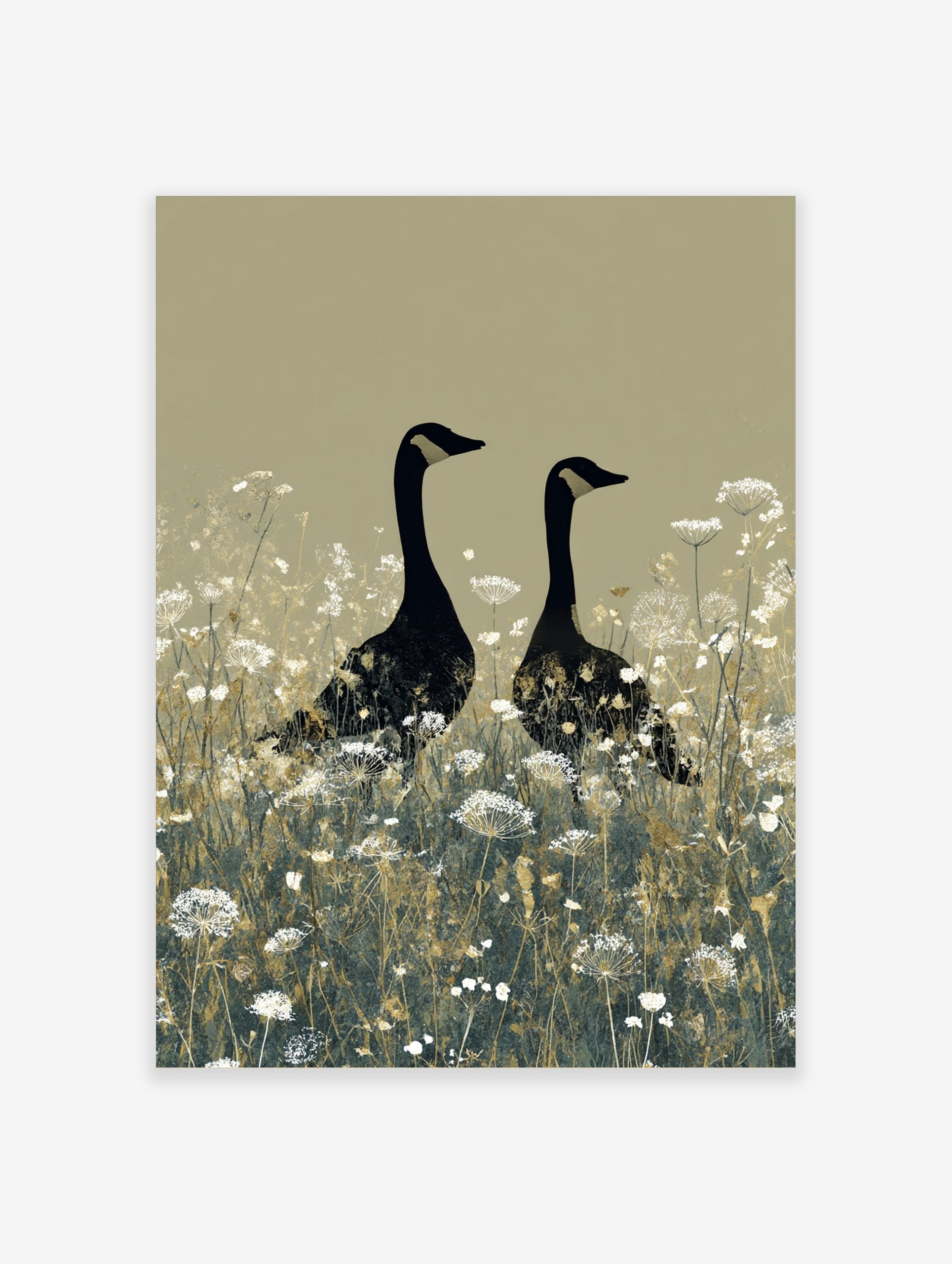 Two black geese with gold head markings standing in a field of white wildflowers on a beige background