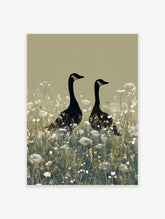 Two black geese with gold head markings standing in a field of white wildflowers on a beige background