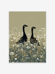 Two black geese with gold head markings standing in a field of white wildflowers on a beige background
