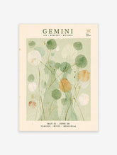 Gemini zodiac poster with twin silhouettes, green leaf shapes, and celestial text on a cream background