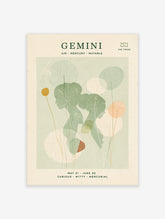 Gemini zodiac poster with two green profile silhouettes, lily pads, and astrology text on a light green background