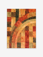 Geometric abstract arch art print with warm red, orange, and beige patchwork blocks and textured linework