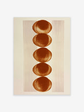 Minimalist geometric wall art with five stacked terracotta circles and vertical lines on a white background