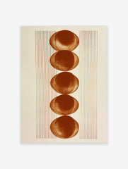 Minimalist geometric wall art with five stacked terracotta circles and vertical lines on a white background