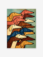 Geometric dog art print with stacked dachshund heads in orange, red, blue, and brown on teal background