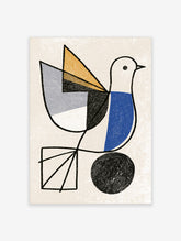 Geometric dove art print with blue body, black eye, and angular grey, gold, and black tail on cream background