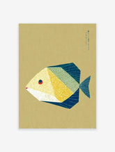 Geometric fish wall art print with yellow, green, and blue segments on a brown background, featuring Japanese text.
