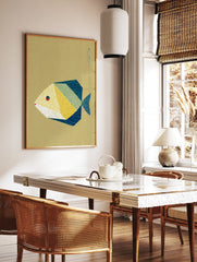 Geometric fish wall art print with yellow, green, and blue segments on a brown background, featuring Japanese text. - Image 2