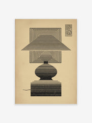 Geometric lamp illustration art print with concentric black lines on a beige background, Op Art style