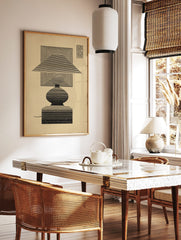 Geometric lamp illustration art print with concentric black lines on a beige background, Op Art, in a styled room mockup