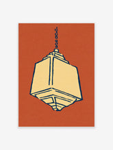 Geometric lantern illustration with navy outlines on cream, burnt orange background, unframed paper print