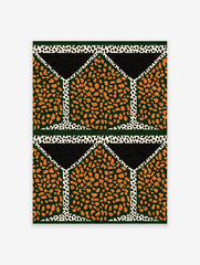 Geometric pattern wall art with orange speckled shapes on dark green, black triangles, and white spotted lines