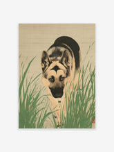 Japanese style illustration of a German Shepherd dog partially hidden by green grass, looking directly at the viewer.