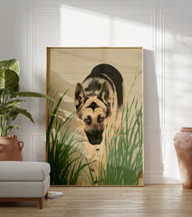 Japanese style illustration of a German Shepherd dog partially hidden by green grass, looking directly at the viewer. - Image 3