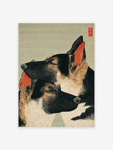 Ukiyo-e style German Shepherd wall art print featuring two sleeping dogs with red ears and Japanese seal on a green background.