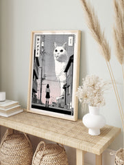 Giant cat Japanese street poster showing a girl looking at a huge white cat towering over buildings in manga style. - Image 4