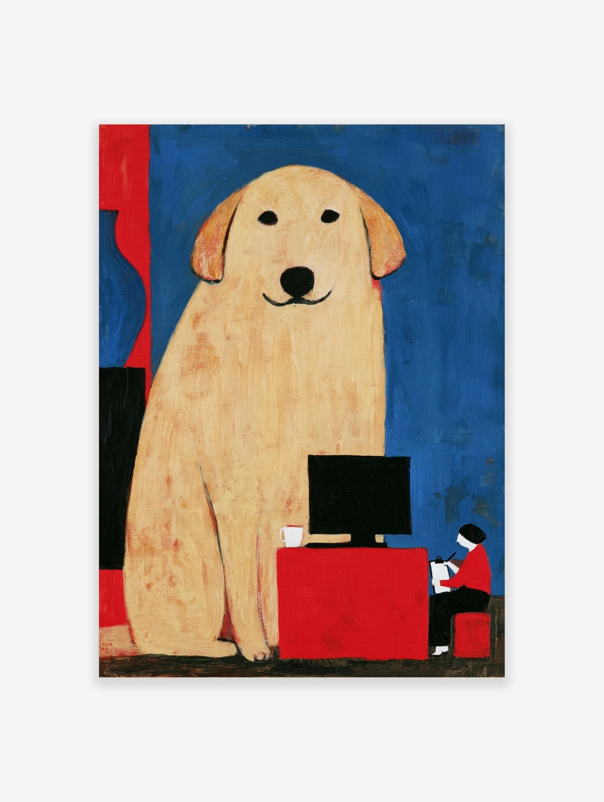 Illustrated wall art of a giant tan dog sitting beside a person at a red computer desk against a blue background