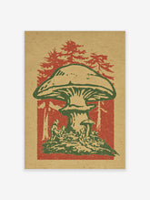 Vintage-style giant mushroom art print with tiny figures and red pine trees on beige paper
