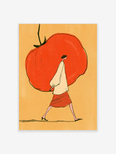 Surreal art print of a woman walking while carrying a giant red tomato on her back against a yellow background