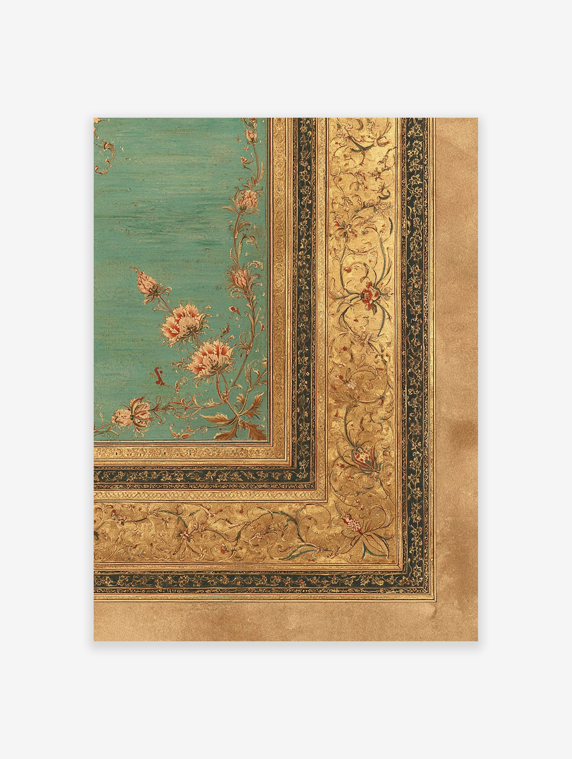 Gilded floral wall art with ornate botanical patterns in gold and pink on a teal background, featuring a decorative border.