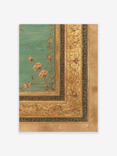 Gilded floral wall art with ornate botanical patterns in gold and pink on a teal background, featuring a decorative border.