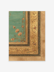 Gilded floral wall art with ornate botanical patterns in gold and pink on a teal background, featuring a decorative border.