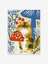 Ginger cat holding red spotted mushroom under blue umbrella, whimsical folk art print