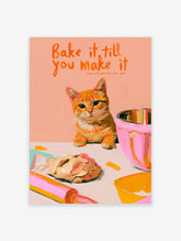 Ginger cat baking poster with orange text and pink mixing bowl on peach background