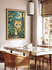 Illustrative ginger cat with blue eyes peeking from green forest foliage under a blue sky, Ukiyo-e, in a styled room mockup