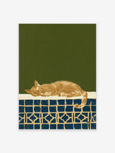 Ginger cat sleeping on blue and white tiled ledge against olive green background, cat wall art print
