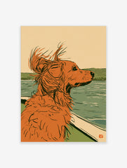 Illustration of a ginger dog looking out from a boat over calm water with green hills in the distance