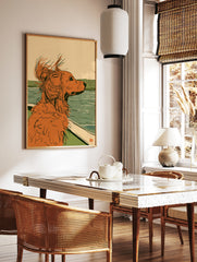 Illustration of a ginger dog looking out from a boat over calm water with green hills in the, in a styled room mockup