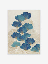 Blue and gold ginkgo leaf botanical art print with wavy gold lines on a textured cream background, embodying Japanese style.