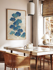 Blue and gold ginkgo leaf botanical art print with wavy gold lines on a textured cream background, embodying Japanese style. - Image 2