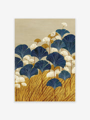 Stylized Ginkgo Leaf Wall Art with deep blue, white, and gold leaves on a textured beige background.