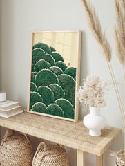 Illustrative green ginkgo leaves with white outlines and fine texture, Japanese style, in an alternate framed mockup