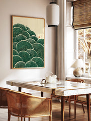 Illustrative green ginkgo leaves with white outlines and fine texture, Japanese style botanical, in a styled room mockup